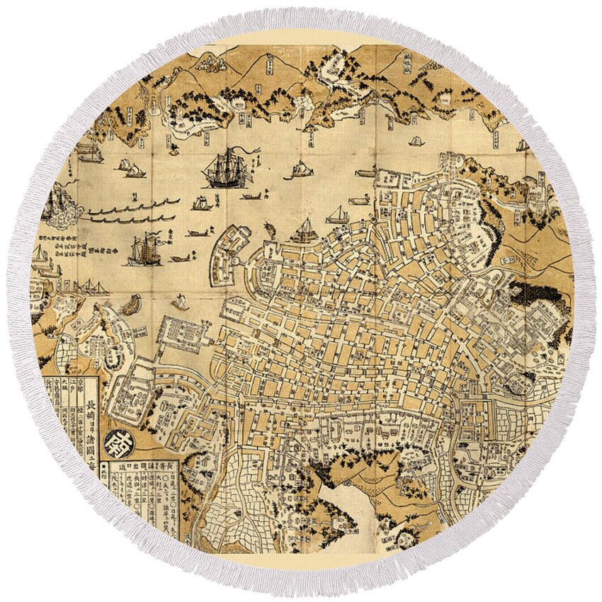 Map Of Nagasaki Round Beach Towel featuring the photograph Map Of Nagasaki 1821 by Andrew Fare