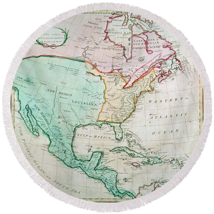 Map Round Beach Towel featuring the painting Map of North America by English School