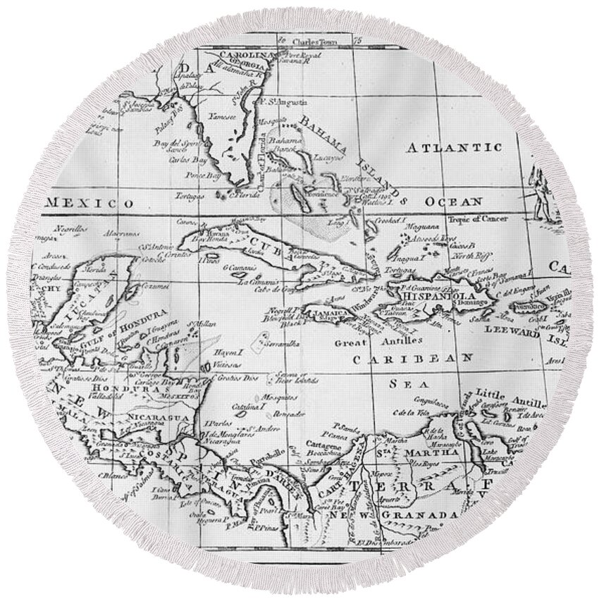 Map Round Beach Towel featuring the drawing Vintage Map of the West Indies Florida and South America by English School