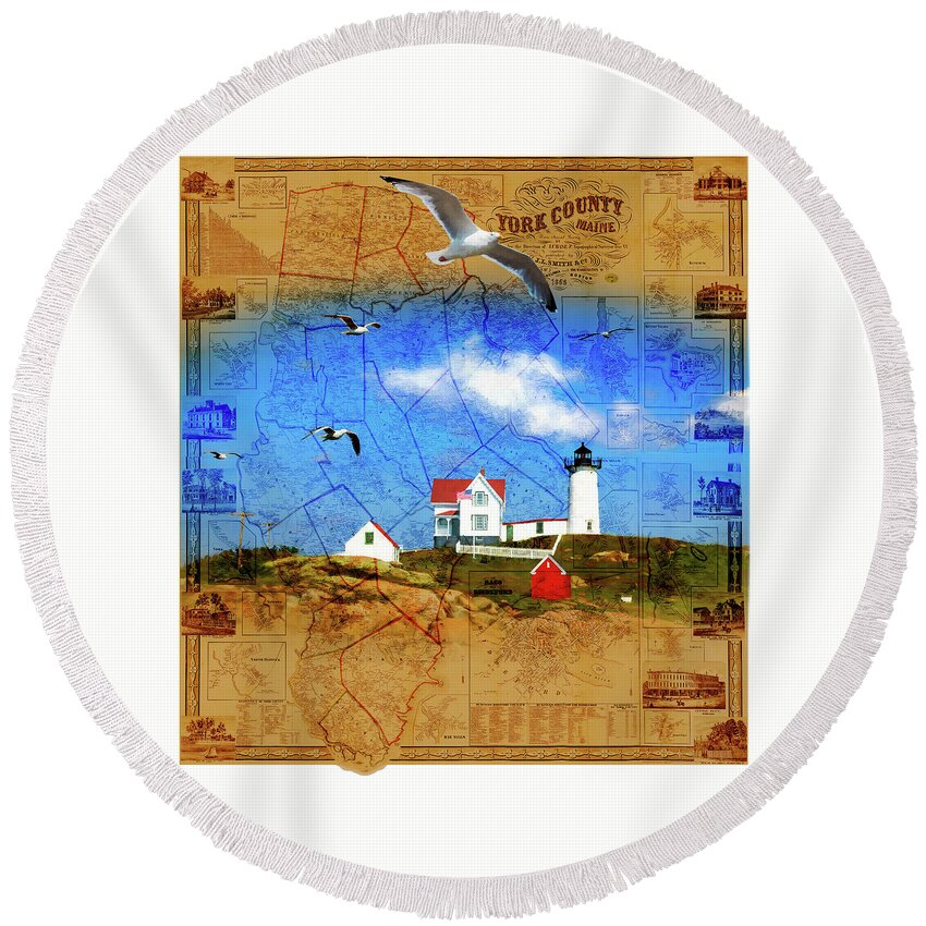 Seagulls Round Beach Towel featuring the digital art Map of York County ME with Nubble Light by Barry Wills