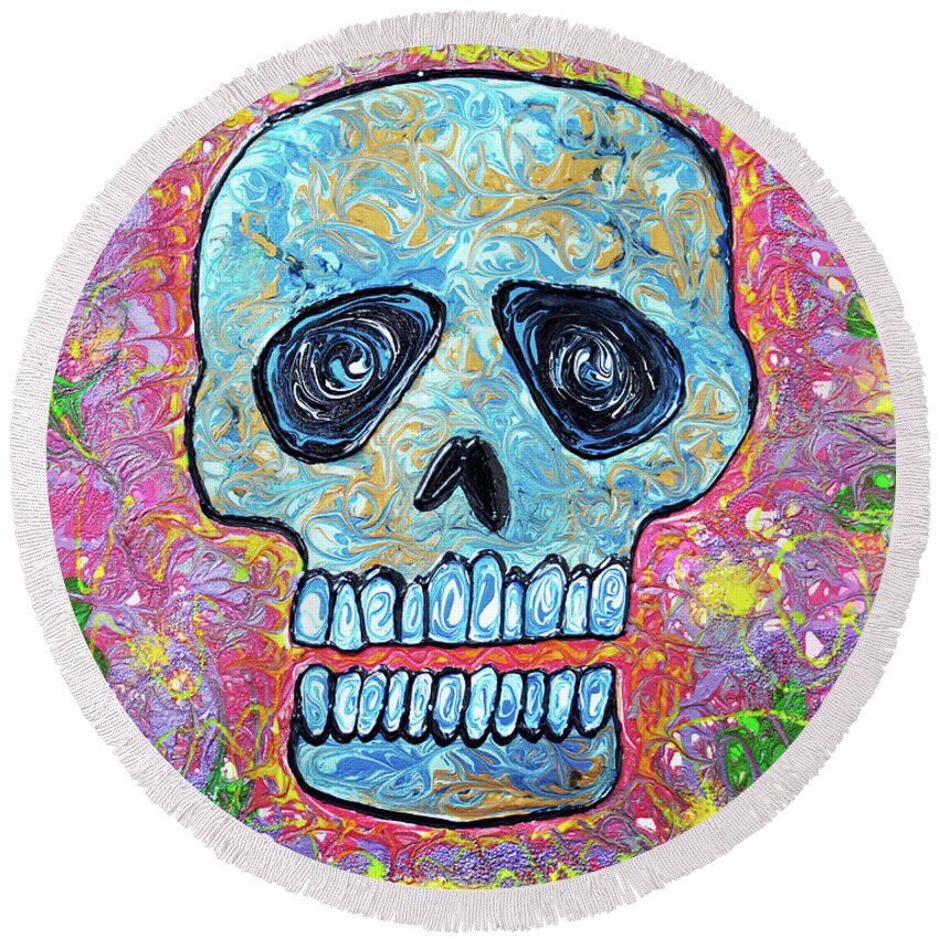 Abstract Round Beach Towel featuring the painting Marble Skull by Laura Barbosa