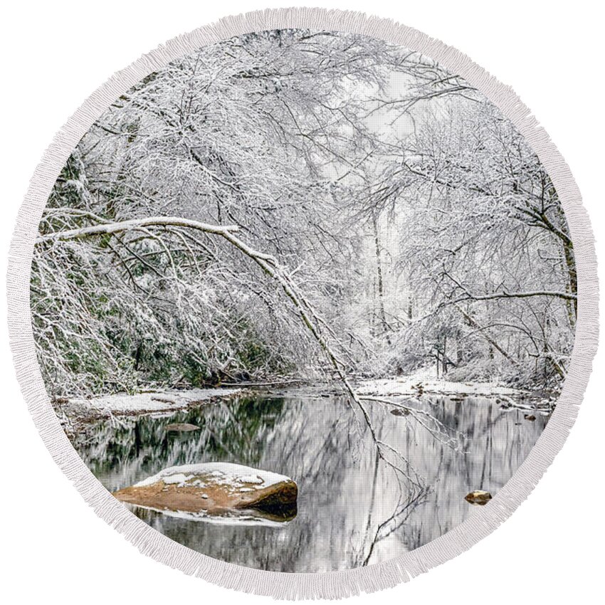 Cranberry River Round Beach Towel featuring the photograph March Snow along Cranberry River by Thomas R Fletcher