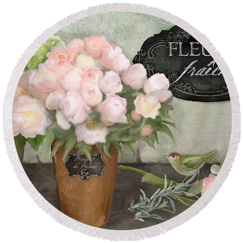 French Flower Market Round Beach Towel featuring the painting Marche aux Fleurs 2 - Peonies n Hydrangeas w Bird by Audrey Jeanne Roberts