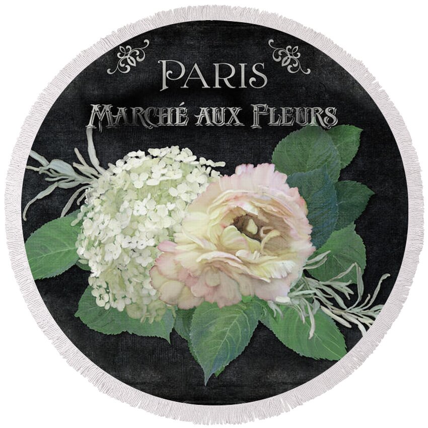 Vintage Round Beach Towel featuring the painting Marche aux Fleurs 4 Vintage Style Typography Art by Audrey Jeanne Roberts