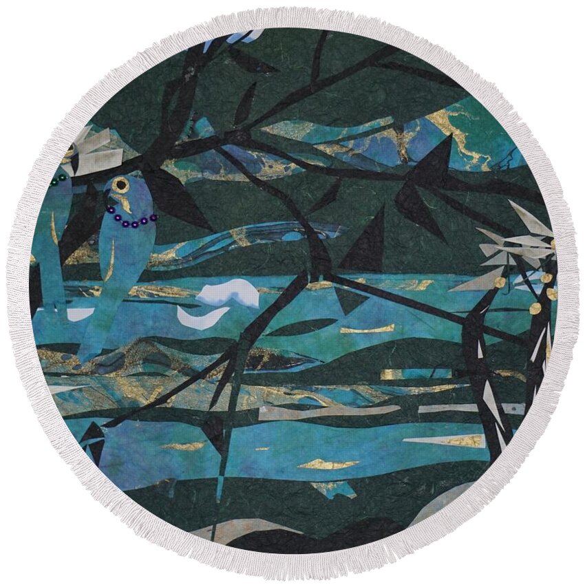 Matisse Inspired Round Beach Towel featuring the mixed media Mardi Gras Macaws Carnival Through A Birdseye View by Robin Miller-Bookhout