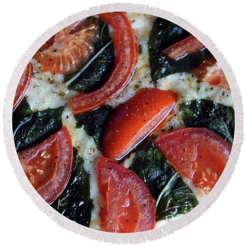 Food Round Beach Towel featuring the photograph Margherita Pie #1 by Ben Upham III