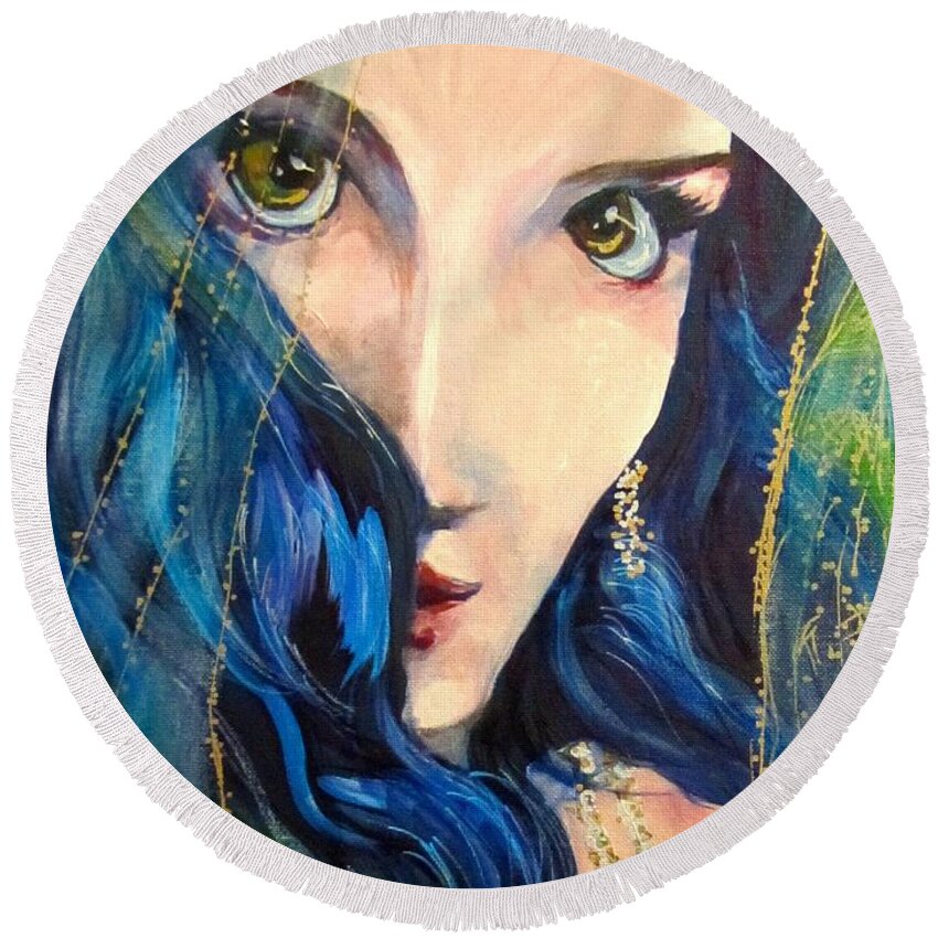 Portrait Round Beach Towel featuring the painting Mariah Blue by Barbara O'Toole