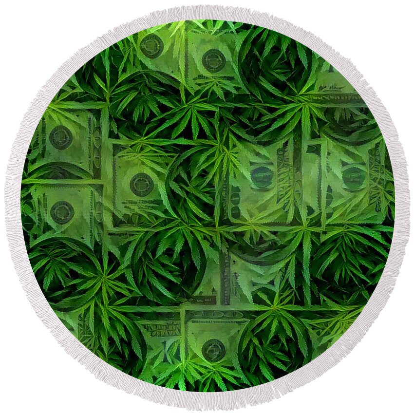 Green Round Beach Towel featuring the digital art Marijuana Dollars by Bruce Rolff