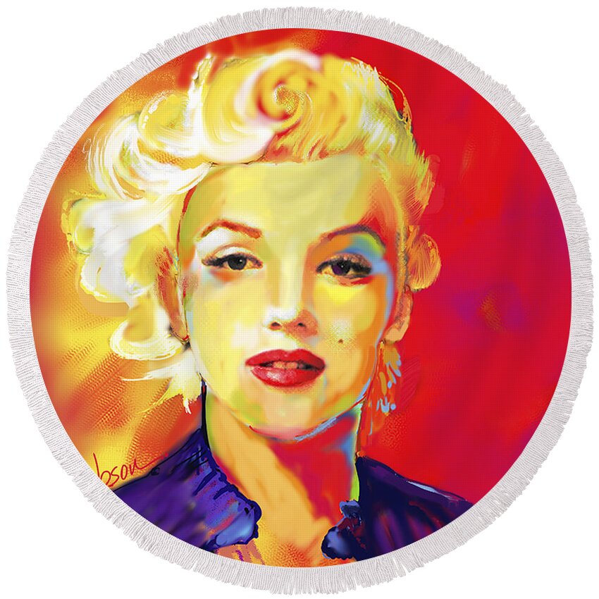 Marilyn Round Beach Towel featuring the painting Marilyn Monroe 1 Red by Jackie Medow-Jacobson