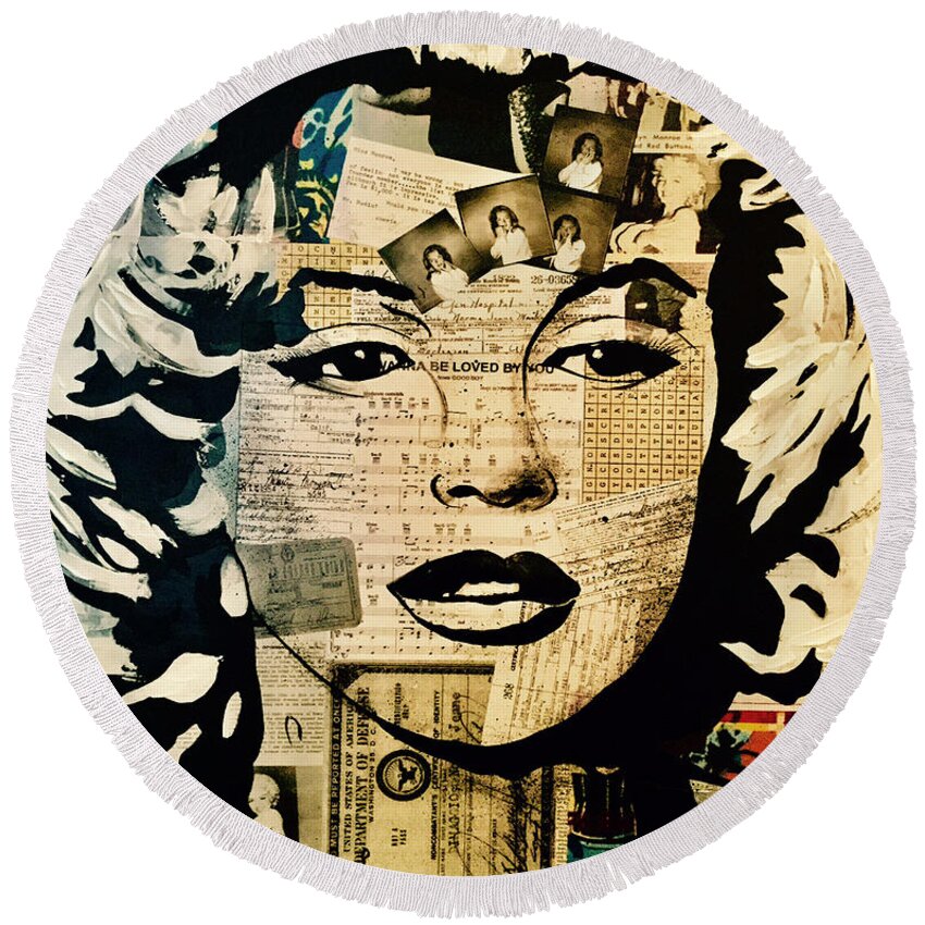 Marilyn Monroe Round Beach Towel featuring the mixed media MARILYN MONROE Amazing by Kathleen Artist PRO