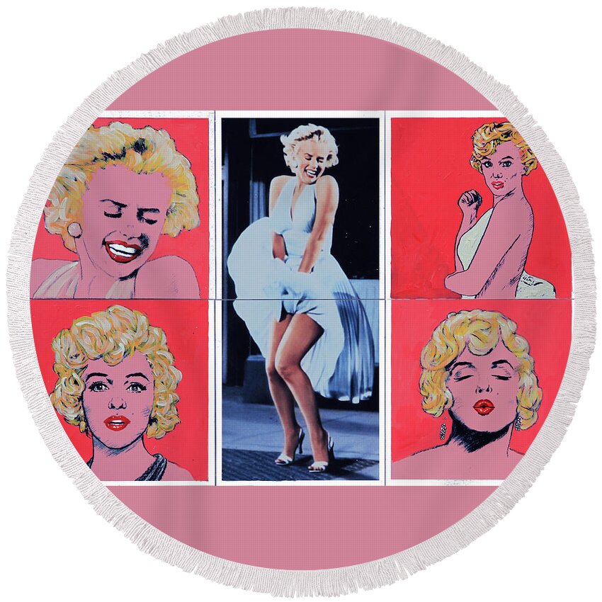 Marilyn Round Beach Towel featuring the painting Marilyn Monroe with Sketches by John Lautermilch