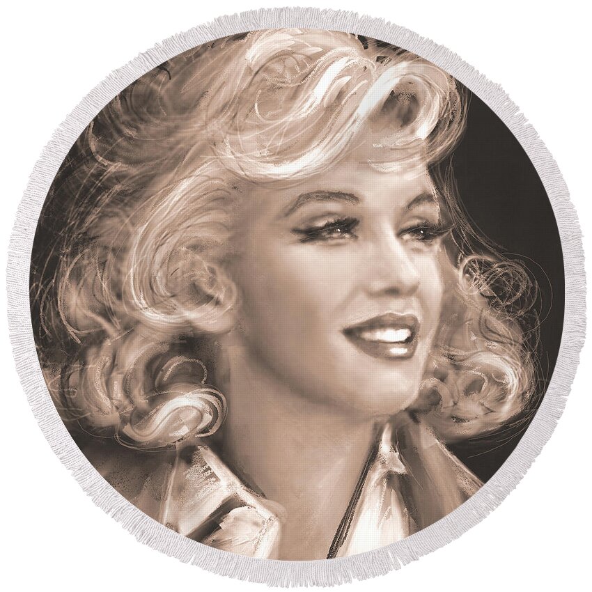 Angie Braun Round Beach Towel featuring the painting Marilyn Sepia by Angie Braun
