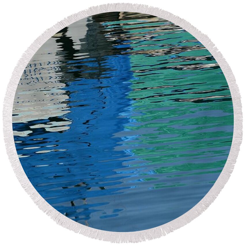 Water Reflection Round Beach Towel featuring the photograph Marina Water Abstract 1 by Fraida Gutovich