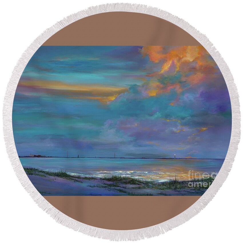 Seascape Round Beach Towel featuring the painting Mariners Beacon by AnnaJo Vahle