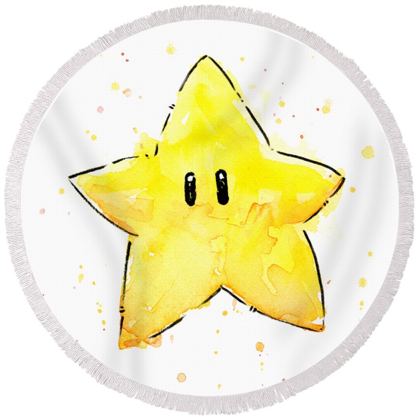 Star Round Beach Towel featuring the painting Mario Invincibility Star Watercolor by Olga Shvartsur