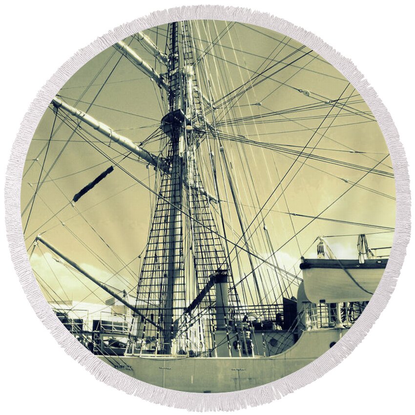 Sailing Ship Round Beach Towel featuring the photograph Maritime Spiderweb by Susan Lafleur