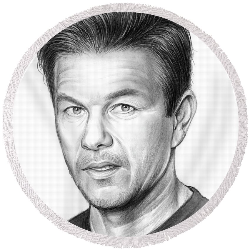 Mark Wahlberg Round Beach Towel featuring the drawing Mark Wahlberg by Greg Joens