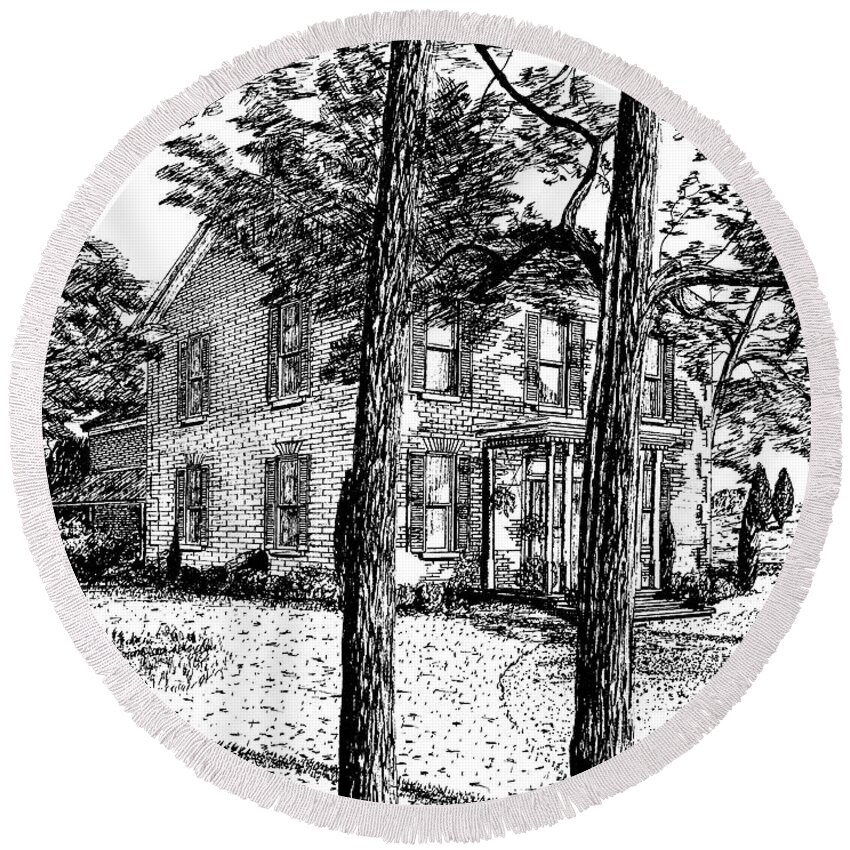 House.\ Round Beach Towel featuring the drawing Markham House by Ron Haist