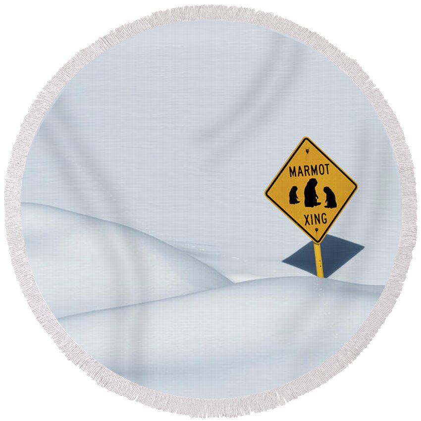 Crested Butte Round Beach Towel featuring the photograph Marmot Crossing Sign by Tibor Vari