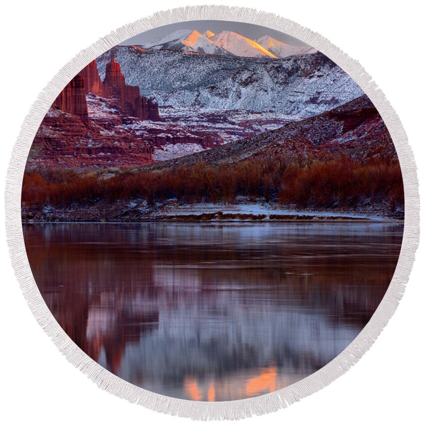 Fisher Towers Round Beach Towel featuring the photograph Maroon FIsher Towers by Adam Jewell