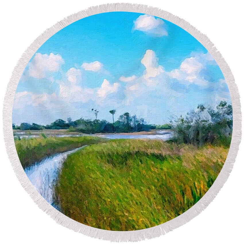 Marsh Round Beach Towel featuring the painting Marsh Trail by Tammy Lee Bradley