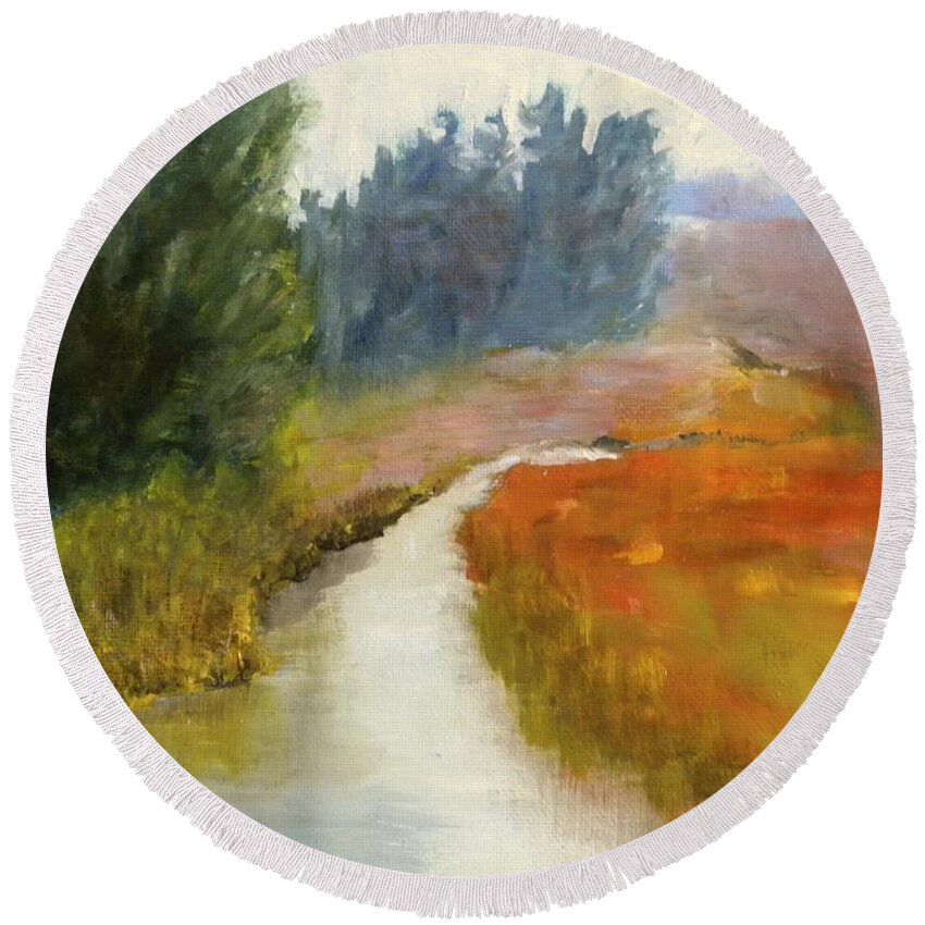 Landscape Water Country Woods Wetland Grasses Stream Round Beach Towel featuring the painting Marshes Of New England by Scott W White