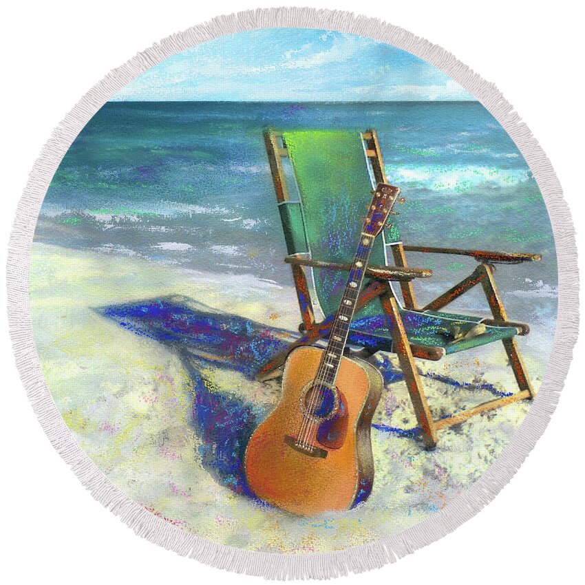 Guitar Round Beach Towel featuring the painting Martin Goes to the Beach by Andrew King