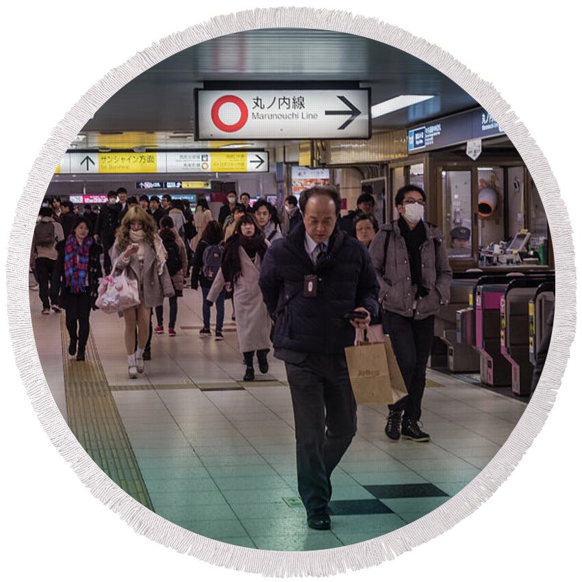 Pedestrians Round Beach Towel featuring the photograph Marunouchi Line, Tokyo Metro Japan by Perry Rodriguez