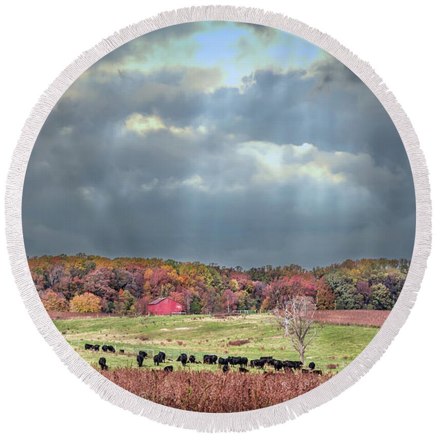 Landscape Round Beach Towel featuring the photograph Maryland farm with Autumn Colors and approaching storm by Patrick Wolf