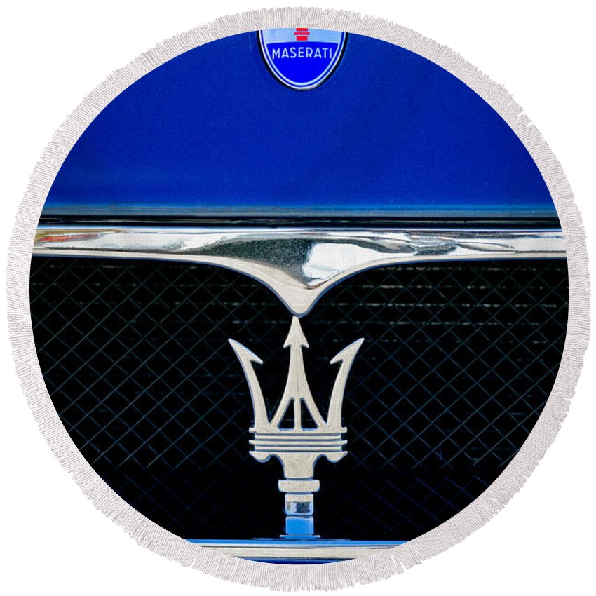 Maserati Hood - Grille Emblems Round Beach Towel featuring the photograph Maserati Hood - Grille Emblems by Jill Reger