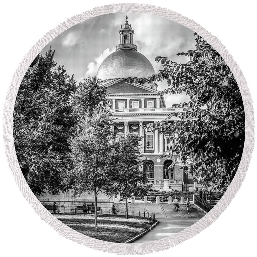 America Round Beach Towel featuring the photograph Massachusetts Statehouse Black and White Photo by Paul Velgos