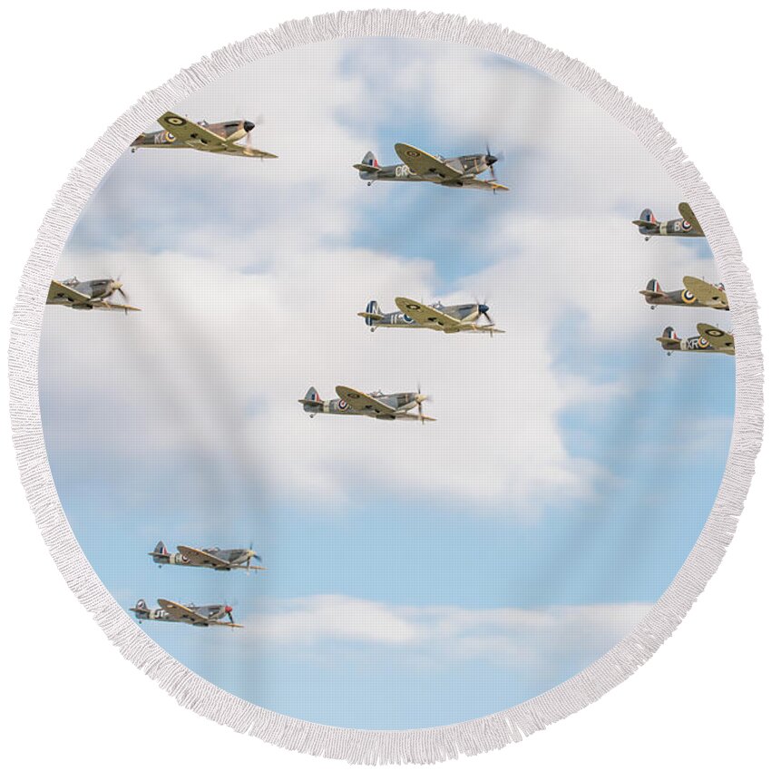 Duxford Battle Of Britain Airshow 2015 Round Beach Towel featuring the photograph Massed Spitfires by Gary Eason