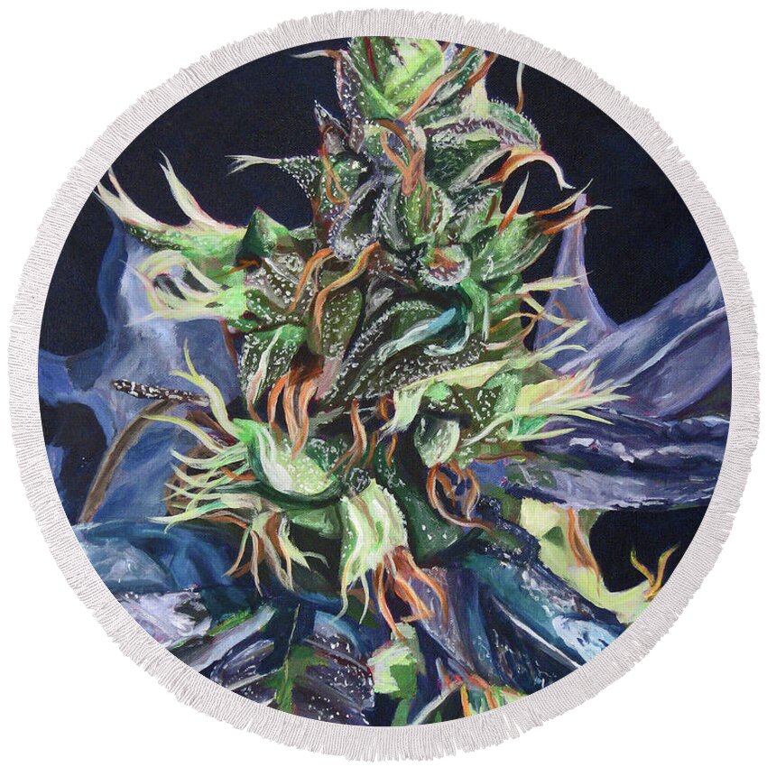 Cannabis Round Beach Towel featuring the painting Master Kush by Anita Toke