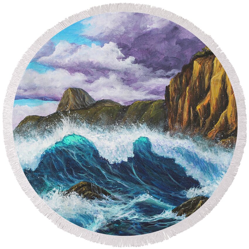 Seascape Round Beach Towel featuring the painting Maui Rugged Coast by Darice Machel McGuire