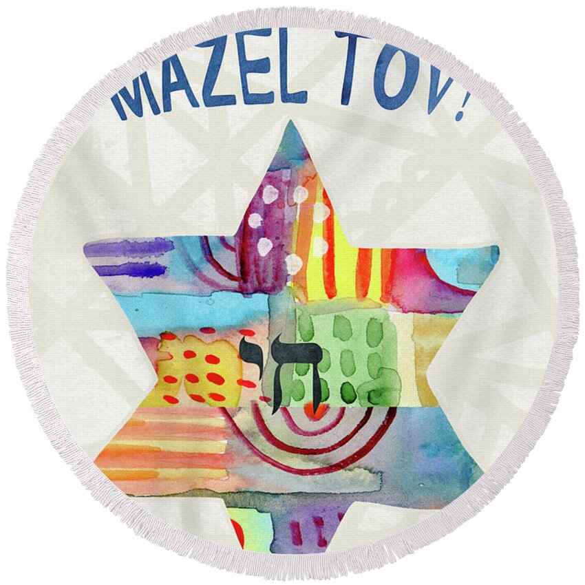 Mazel Tov Round Beach Towel featuring the painting Mazel Tov Colorful Star- Art by Linda Woods by Linda Woods
