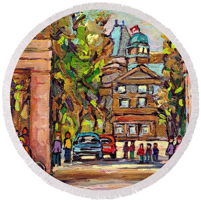 Montreal Round Beach Towel featuring the painting Mcgill Gates Entrance Of Mcgill University Montreal Quebec Original Oil Painting Carole Spandau by Carole Spandau
