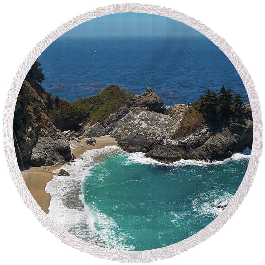 Landscape Round Beach Towel featuring the photograph McWay Falls in Big Sur by Charlene Mitchell