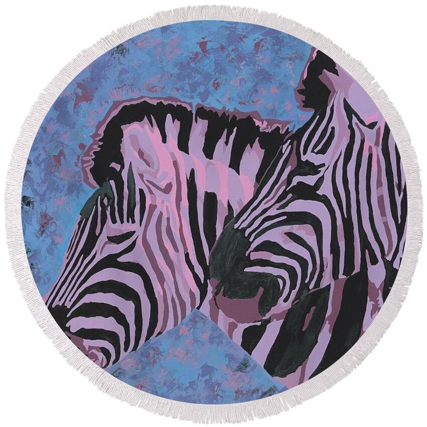 Zebra Round Beach Towel featuring the painting Me And My gal by Cheryl Bowman