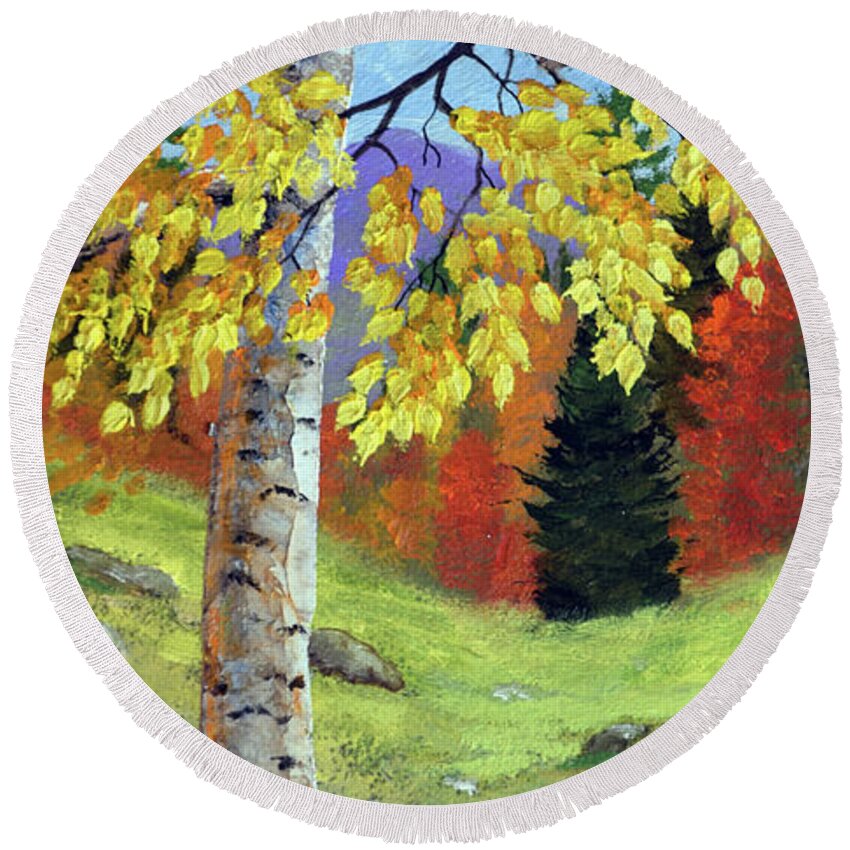 Birch Round Beach Towel featuring the painting Meadow Birch In Autumn by Frank Wilson