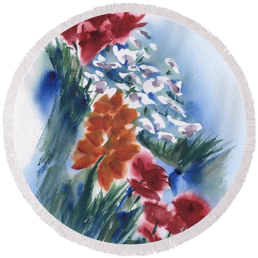 Meadow Flowers Abstract Round Beach Towel featuring the painting Meadow Flowers Abstract by Frank Bright