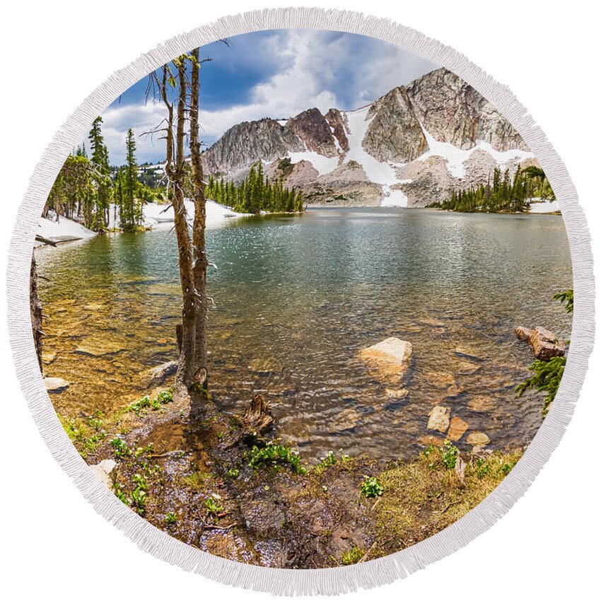 Mountain Round Beach Towel featuring the photograph Medicine Bow Snowy Mountain Range Lake View by James BO Insogna