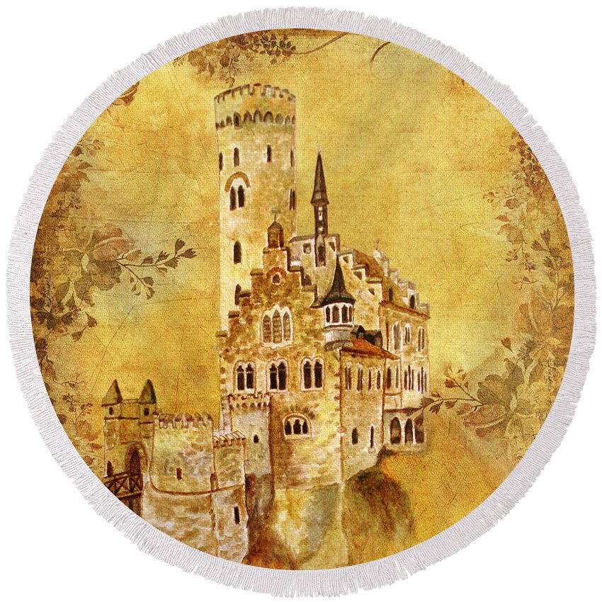 Castles Round Beach Towel featuring the painting Medieval Golden Castle by Angeles M Pomata