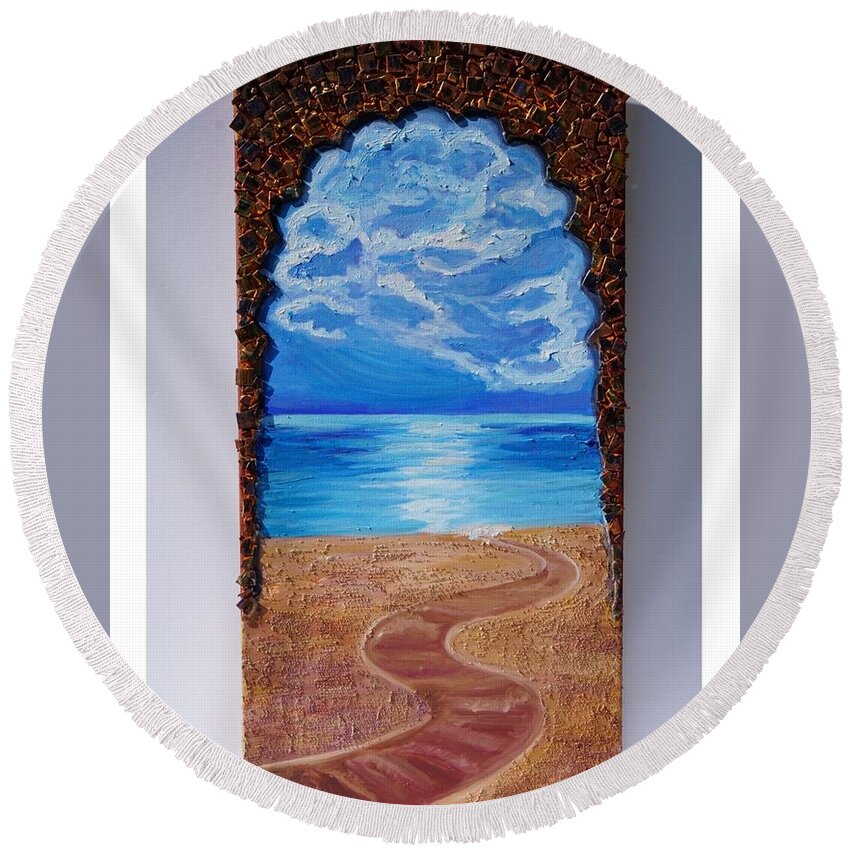 Road. Ocean. Philosophy Of Life. Round Beach Towel featuring the painting Mediterranean road. by Valeriya Bugatti