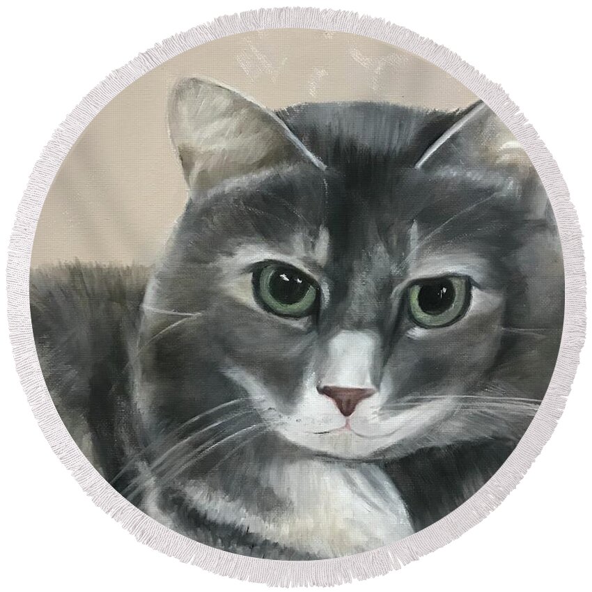 Cat Round Beach Towel featuring the painting Meet Avery by Sheila Mashaw