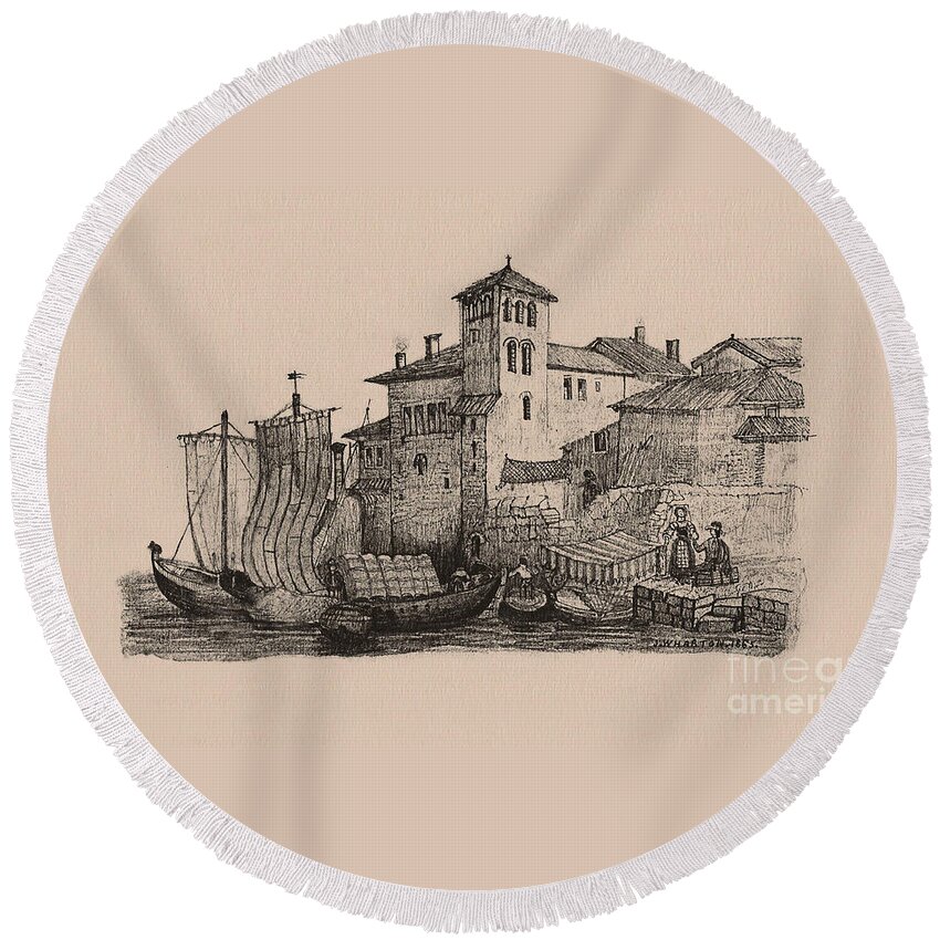 Ships Round Beach Towel featuring the drawing Meetings at the Dock by Donna L Munro