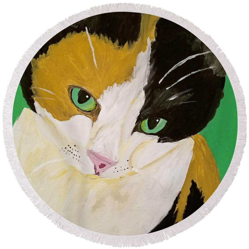 Pet Portrait Round Beach Towel featuring the painting Megans_Kitty_DWP_2016 by Ania M Milo