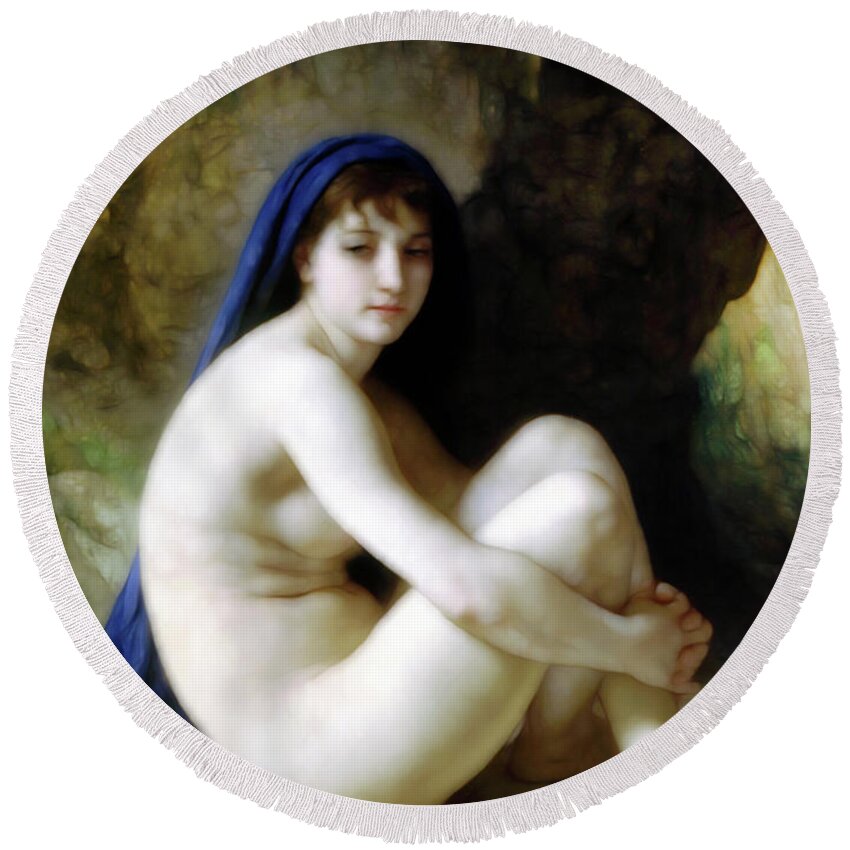 Melancholy Nude Round Beach Towel featuring the mixed media Melancholy Nude by Georgiana Romanovna