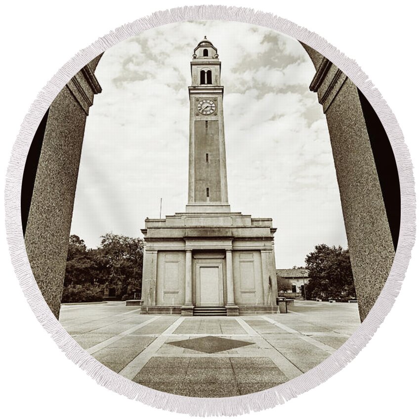 Memorial Round Beach Towel featuring the photograph Memorial Tower thru the Archway - sepia by Scott Pellegrin