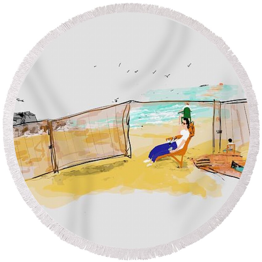 Seascape. Men. Relaxing Round Beach Towel featuring the digital art Men on beach by Debbi Saccomanno Chan