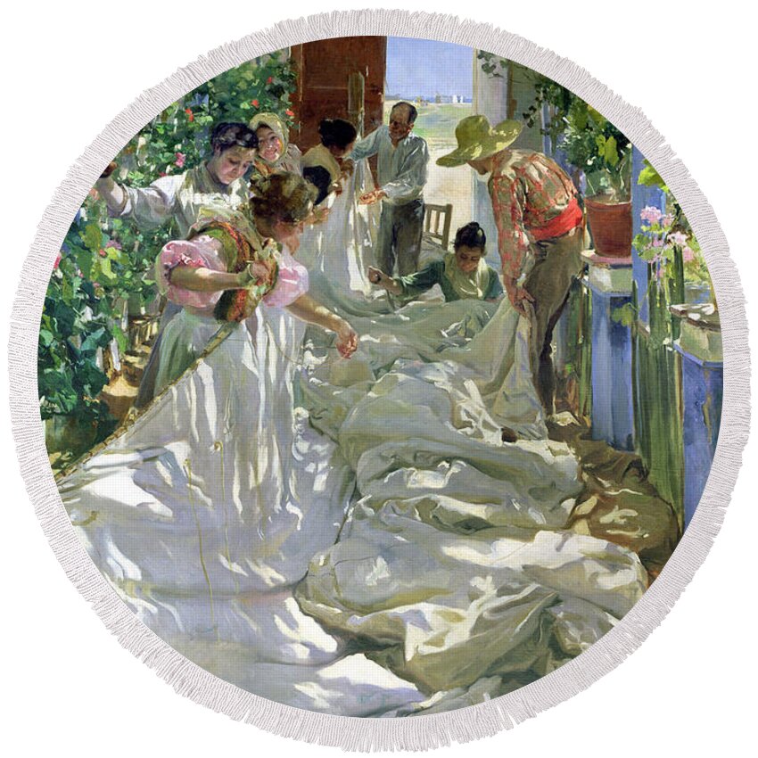 Sewing;straw Hat;geranium;sunshine;worker;workers;greenhouse;conservatory;interior; Pagoda Round Beach Towel featuring the painting Mending the Sail by Joaquin Sorolla y Bastida